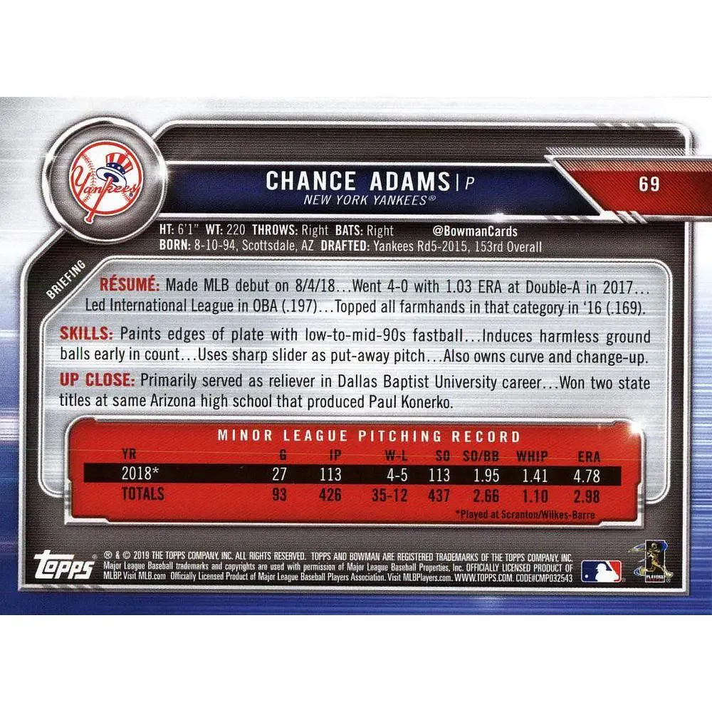 2019 Bowman Chance Adams RC #69 New York Yankees